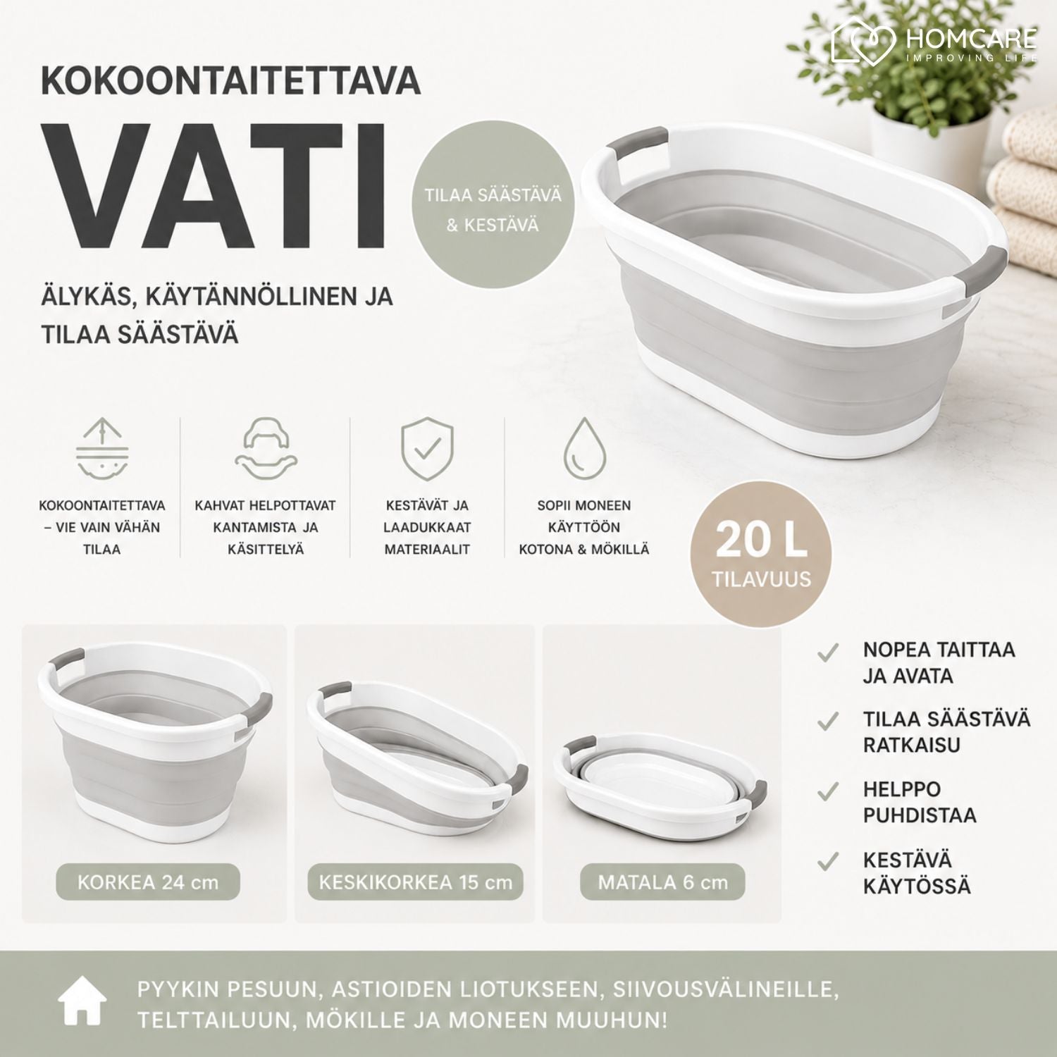 Taitettava 20 litran vati