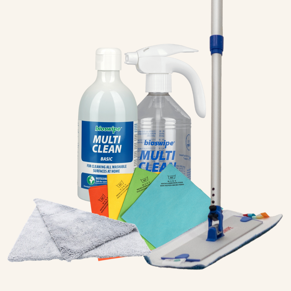 Siivouspaketti kodin pinnoille (sis. moppisetti, pölyliina, kostealiinat, BioSwipe Multi Clean 500 ml + sumutinpullo)
