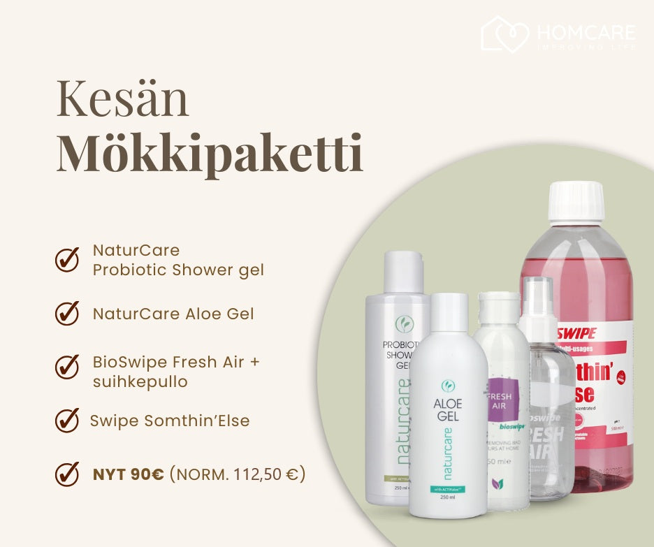 Mökkeilijän kesäpaketti (Swipe Somthin´Else, BioSwipe Fresh Air + sumutinpullo, NaturCare Aloe Gel ja NaturCare Probiotic Shower Gel)