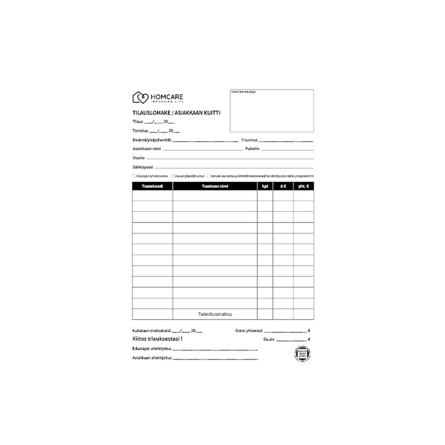 Asiakkaan tilauslomake A5 25 kpl